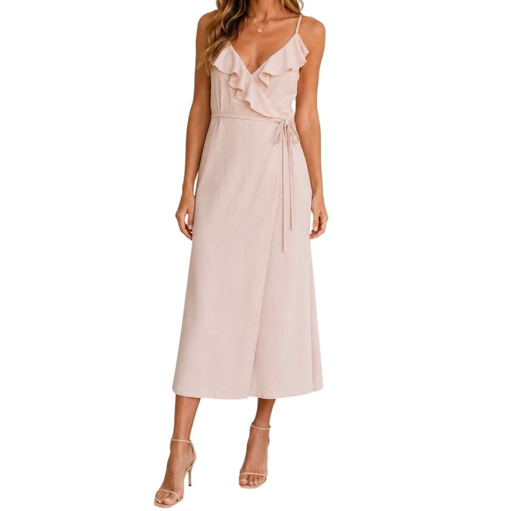 1.STATE Ruffled Chiffon Wrap Dress Flowy Midi Dress Blush Pink Size 6